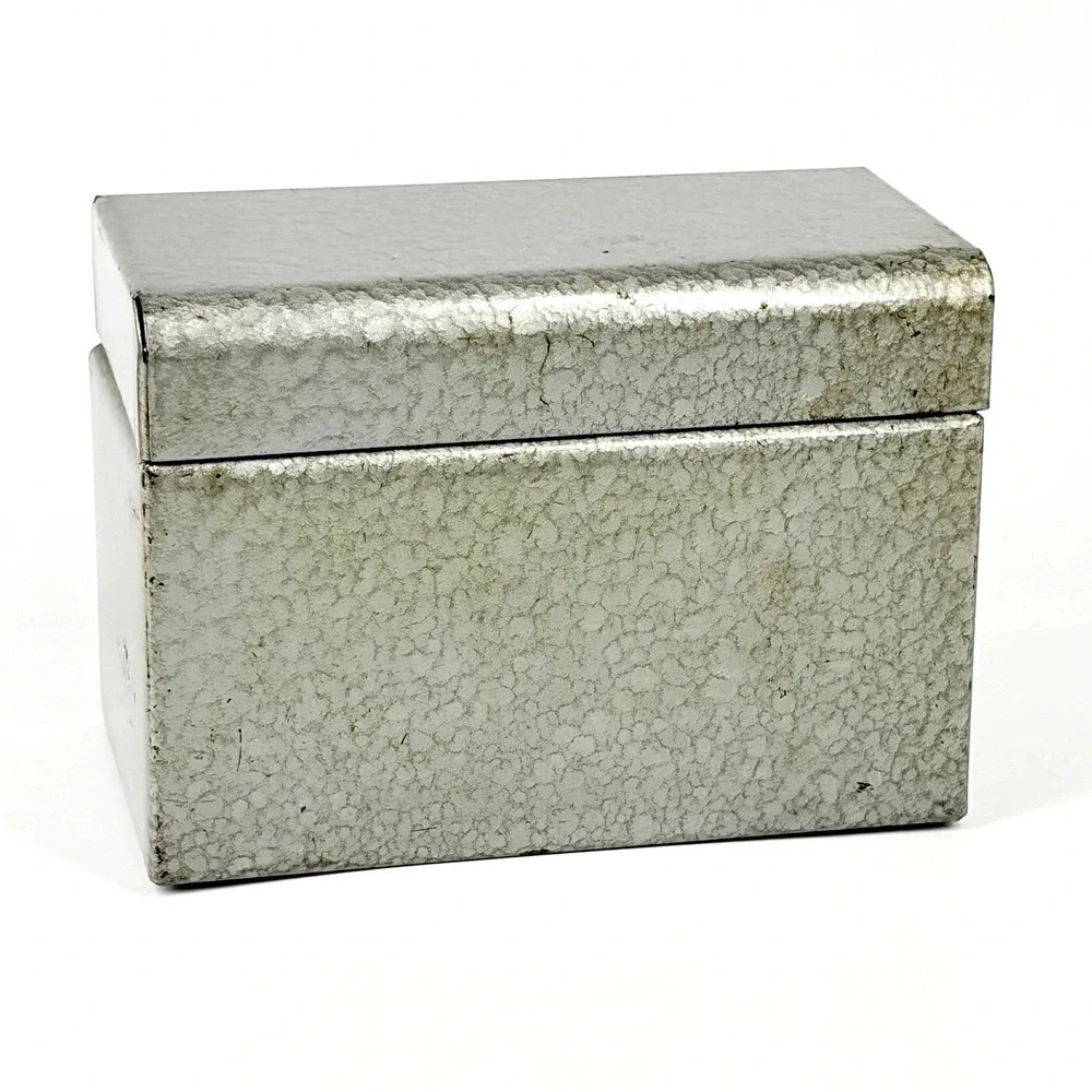 Vintage Industrial Hammered Metal Storage Box Hinged Lid Card File Utility
